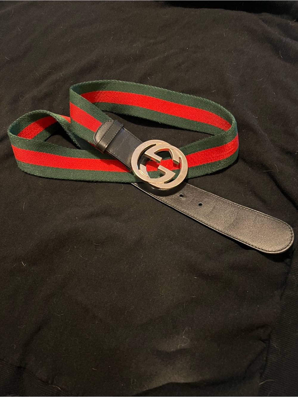 Gucci Green and Red Web Belt with Interlocking GG Buckle
